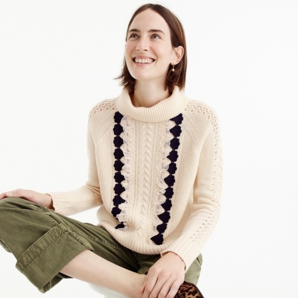 J. Crew Sweaters - J CREW Large Cream Cable Lace Embellished Sweater